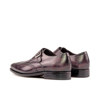 Ambrogio Bespoke Men's Shoes Aubergine Purple Patina Leather Wingtip Monk-Strap Loafers (AMB2291)-AmbrogioShoes