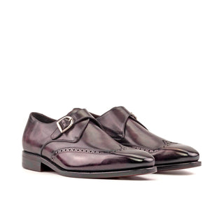 Ambrogio Bespoke Men's Shoes Aubergine Purple Patina Leather Wingtip Monk-Strap Loafers (AMB2291)-AmbrogioShoes