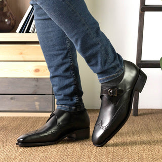 Ambrogio Bespoke Men's Shoes Black Calf-Skin Leather Single Monk-Strap Loafers (AMB2524)-AmbrogioShoes