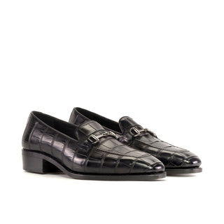 Ambrogio Bespoke Men's Shoes Black Exotic Alligator Horsebit Loafers (AMB2376)-AmbrogioShoes