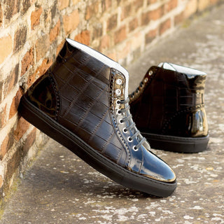 Ambrogio Bespoke Men's Shoes Black Exotic Alligator / Patent Leather High Kicks Sneakers (AMB2262)-AmbrogioShoes