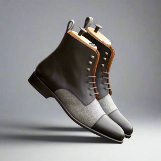 Ambrogio Bespoke Men's Shoes Black & Gray Fabric / Calf-Skin Leather Jumper Boots (AMB2501)-AmbrogioShoes
