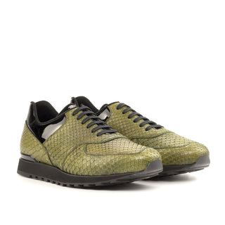 Ambrogio Bespoke Men's Shoes Black & Olive Exotic Python / Patent Leather Jogger Sneakers (AMB2258)-AmbrogioShoes