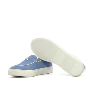Ambrogio Bespoke Men's Shoes Blue Linen Fabric Slip-On Belgian Sneakers (AMB2551)-AmbrogioShoes