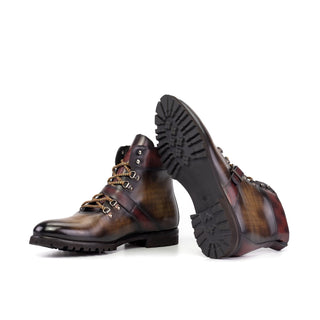 Ambrogio Bespoke Men's Shoes Brown & Burgundy Patina Leather Hiking Boots (AMB2492)-AmbrogioShoes