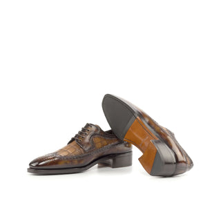 Ambrogio Bespoke Men's Shoes Brown & Fire Crocodile Print / Patina Leather Longwing Blucher Oxfords (AMB2241)-AmbrogioShoes