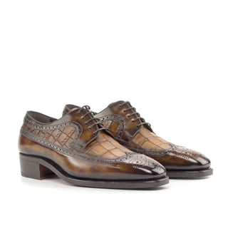 Ambrogio Bespoke Men's Shoes Brown & Fire Crocodile Print / Patina Leather Longwing Blucher Oxfords (AMB2241)-AmbrogioShoes