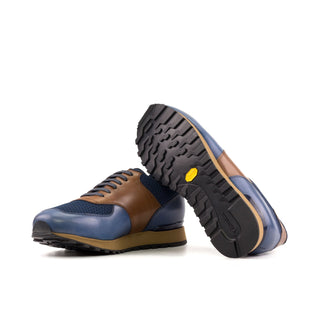 Ambrogio Bespoke Men's Shoes Brown & Navy Fabric / Calf-Skin Leather Jogger Sneakers (AMB2392)-AmbrogioShoes