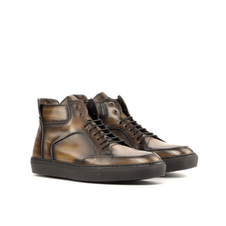 Ambrogio Bespoke Men's Shoes Brown Patina Leather High-Top Sneakers (AMB2247)-AmbrogioShoes