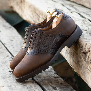 Ambrogio Bespoke Men's Shoes Brown Waxed Suede / Pebble Grain Leather Saddle Oxfords (AMB2557)-AmbrogioShoes