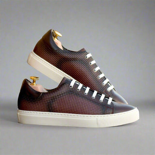 Ambrogio Bespoke Men's Shoes Burgundy Calf-Skin / Woven Leather Trainer Sneakers (AMB2484)-AmbrogioShoes