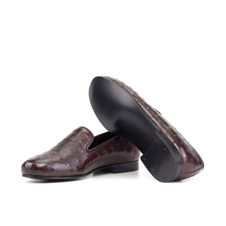 Ambrogio Bespoke Men's Shoes Burgundy Exotic Ostrich Skin Wellington Loafers (AMB2508)-AmbrogioShoes