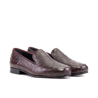 Ambrogio Bespoke Men's Shoes Burgundy Exotic Ostrich Skin Wellington Loafers (AMB2508)-AmbrogioShoes