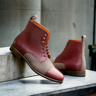 Ambrogio Bespoke Men's Shoes Burgundy Fabric / Calf-Skin Leather Jumper Boots (AMB2503)-AmbrogioShoes