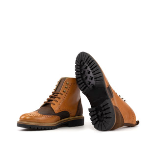 Ambrogio Bespoke Men's Shoes Cognac & Brown Waxed Suede / Full Grain Leather Military Brogue Boots (AMB2548)-AmbrogioShoes