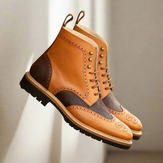 Ambrogio Bespoke Men's Shoes Cognac & Brown Waxed Suede / Full Grain Leather Military Brogue Boots (AMB2548)-AmbrogioShoes