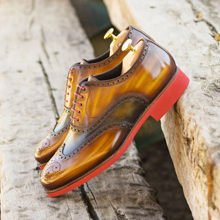 Ambrogio Bespoke Men's Shoes Cognac & Green Patina Leather Brogue Oxfords (AMB2246)-AmbrogioShoes