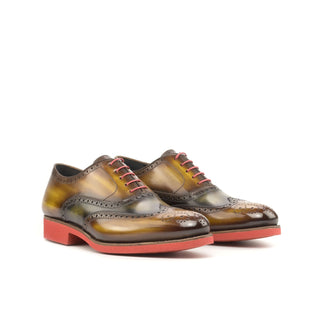 Ambrogio Bespoke Men's Shoes Cognac & Green Patina Leather Brogue Oxfords (AMB2246)-AmbrogioShoes