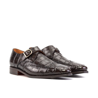 Ambrogio Bespoke Men's Shoes Dark Brown Exotic Alligator Single Monk-Strap Loafers (AMB2488)-AmbrogioShoes