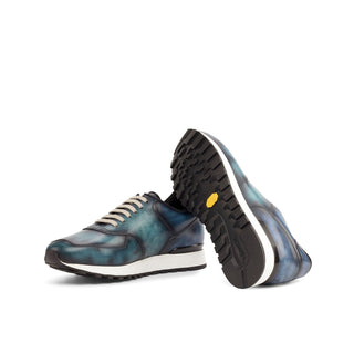 Ambrogio Bespoke Men's Shoes Denim & Turquoise Patina Leather Jogger Sneakers (AMB2250)-AmbrogioShoes