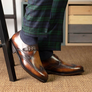 Ambrogio Bespoke Men's Shoes Fire Patina Leather Monk-Strap Loafers (AMB2459)-AmbrogioShoes