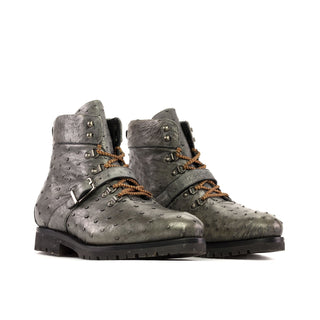 Ambrogio Bespoke Men's Shoes Gray Exotic Ostrich Hiking Boots (AMB2354)-AmbrogioShoes