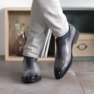 Ambrogio Bespoke Men's Shoes Gray Patina Leather Whole Cut Oxfords (AMB2452)-AmbrogioShoes