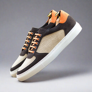 Ambrogio Bespoke Men's Shoes Ice, Gray & Orange Linen / Suede Leather Low Top Trainer Sneakers (AMB2532)-AmbrogioShoes