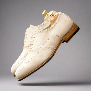 Ambrogio Bespoke Men's Shoes Ivory Suede Leather Wingtip Oxfords (AMB2431)-AmbrogioShoes