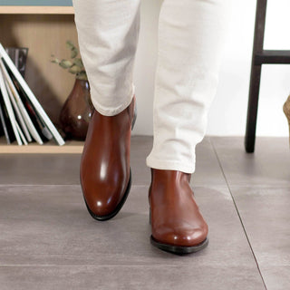 Ambrogio Bespoke Men's Shoes Medium Brown Calf-Skin Leather Chelsea Boots (AMB2463)-AmbrogioShoes