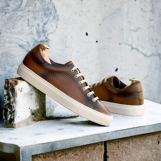 Ambrogio Bespoke Men's Shoes Medium Brown Calf-Skin / Woven Leather Trainer Sneakers (AMB2480)-AmbrogioShoes