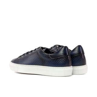 Ambrogio Bespoke Men's Shoes Navy Calf-Skin / Woven Leather Trainer Sneakers (AMB2479)-AmbrogioShoes