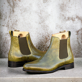 Ambrogio Bespoke Men's Shoes Olive Exotic Python Skin Chelsea Boots (AMB2510)-AmbrogioShoes