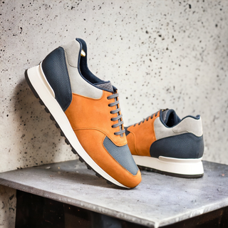 Ambrogio Bespoke Men's Shoes Orange, Gray, and Navy Suede / Pebble Grain Leather Jogger Sneakers (AMB2477)-AmbrogioShoes