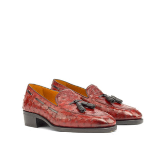 Ambrogio Bespoke Men's Shoes Red Exotic Ostrich-Skin Tassels Loafers (AMB2252)-AmbrogioShoes