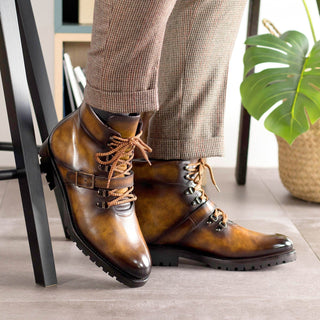 Ambrogio Bespoke Men's Shoes Tobacco Patina Leather Hiking Boots (AMB2395)-AmbrogioShoes