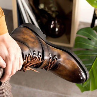 Ambrogio Bespoke Men's Shoes Tobacco Patina Leather Hiking Boots (AMB2395)-AmbrogioShoes