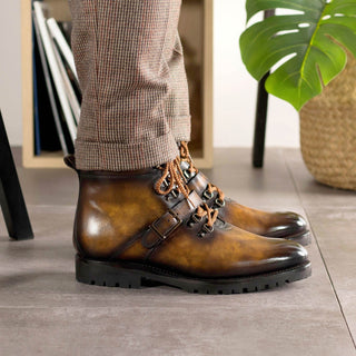 Ambrogio Bespoke Men's Shoes Tobacco Patina Leather Hiking Boots (AMB2395)-AmbrogioShoes