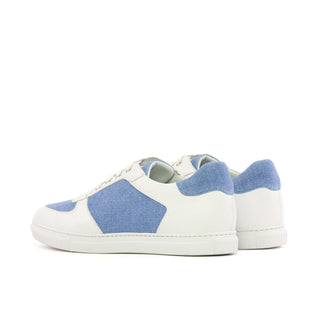 Ambrogio Bespoke Men's Shoes White & Blue Linen / Calf-Skin Leather Trainer Sneakers (AMB2474)-AmbrogioShoes