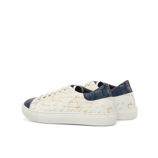 Ambrogio Bespoke Men's Shoes White & Navy Crocodile Print / Calf-Skin Leather Trainer Sneakers (AMB2238)-AmbrogioShoes