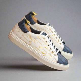 Ambrogio Bespoke Men's Shoes White & Navy Crocodile Print / Calf-Skin Leather Trainer Sneakers (AMB2238)-AmbrogioShoes