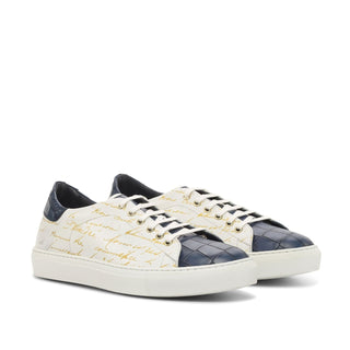 Ambrogio Bespoke Men's Shoes White & Navy Crocodile Print / Calf-Skin Leather Trainer Sneakers (AMB2238)-AmbrogioShoes