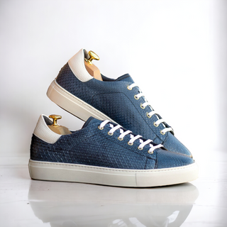 Ambrogio Bespoke Men's Shoes White & Navy Exotic Python Trainer Sneakers (AMB2483)-AmbrogioShoes