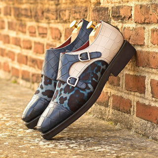 Ambrogio Bespoke Multi-Color Crocodile Embossed Leather / Fabric Monk-Straps Loafers (AMB2277)