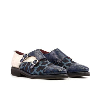 Ambrogio Bespoke Multi-Color Crocodile Embossed Leather / Fabric Monk-Straps Loafers (AMB2277)
