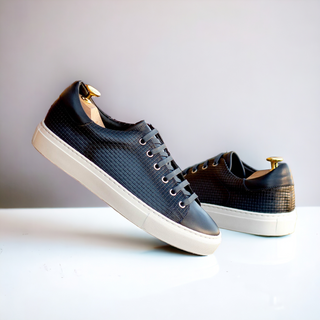 Ambrogio Bespoke Navy Calf-Skin / Woven Leather Trainer Sneakers (AMB2479)