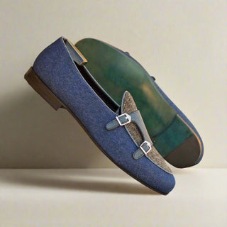 Ambrogio Bespoke Navy Multi Fabric / Leather Double Monk Strap (AMB2555)