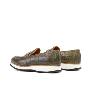Ambrogio Bespoke Olive Crocodile Embossed Leather Horsebit Loafers (AMB2273)