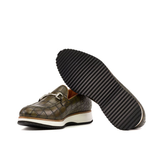 Ambrogio Bespoke Olive Crocodile Embossed Leather Horsebit Loafers (AMB2273)