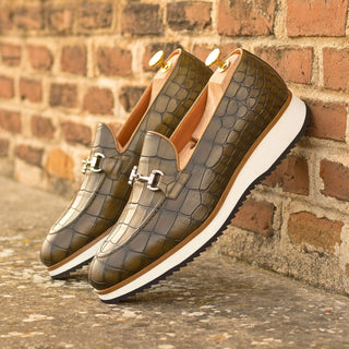 Ambrogio Bespoke Olive Crocodile Embossed Leather Horsebit Loafers (AMB2273)